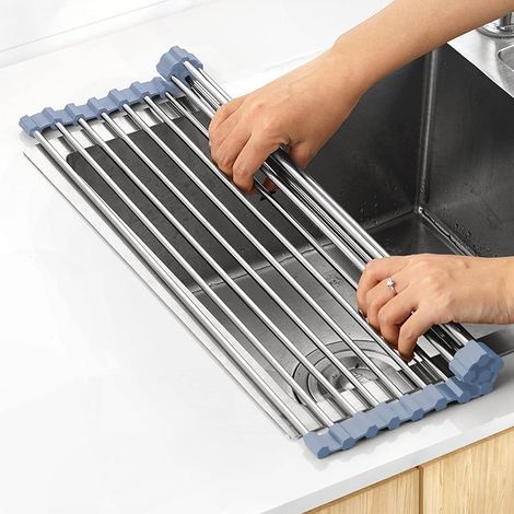 Escurridor de platos enrollable, escurridor de cocina, escurridor de platos de acero inoxidable, escurridor de platos plegable, 12 barras, 23 x 43 cm (1/5)