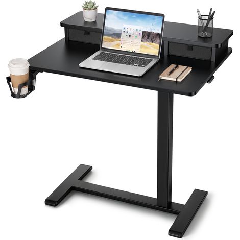 VEVOR Mesa Auxiliar con Ruedas 700 x 500 mm 2 Niveles Escritorio Móvil, Mesita Lateral para Sofá Cama Oficina Hogar, con Cajones de Almacenamiento y Portavasos, Altura Ajustable, Marco de Metal, Negro (1/5)