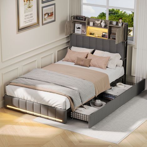Lit simple 90x200 cm avec 2 tiroirs, Lit 90x200 avec sommier LED et USB, Tête de lit capitonné avec rangement, Lin, Gris (1/5)