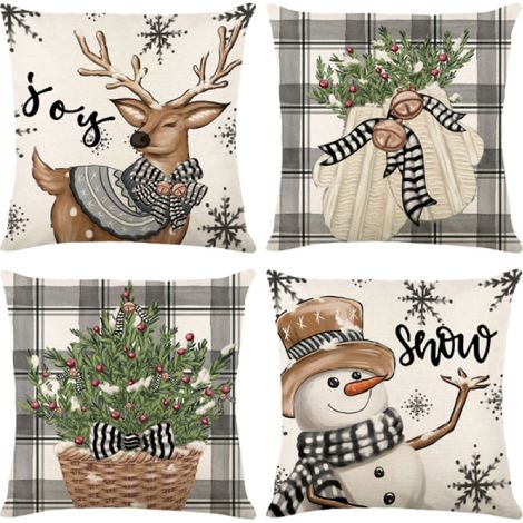 Taie d'oreiller de Noël en lin, décoration intérieure, Père Noël et rennes, housse de coussin pour canapé (1/5)