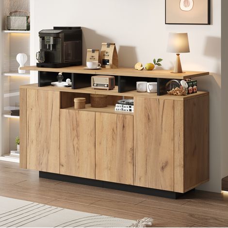 Buffet 140x40x85 cm naturel et noir en panneaux de particules avec 4 portes, 3 niches ouvertes et sécurité anti-basculement (1/5)