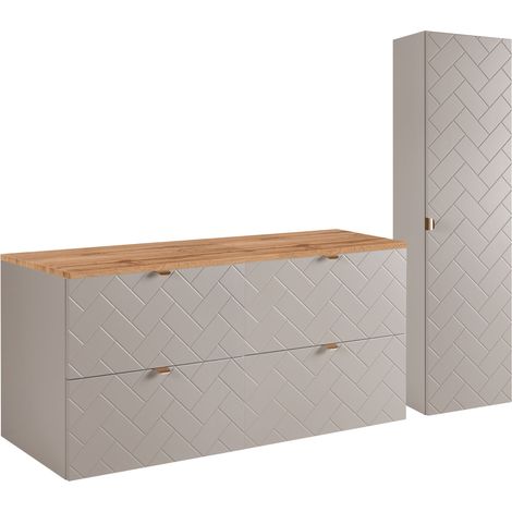 Furnidea - Ensemble un meuble sous vasque 120 cm avec le plan CHÊNE et une colonne 35/136 cm à suspendre MADIS CACHEMIRE - façades motif chevron (1/5)