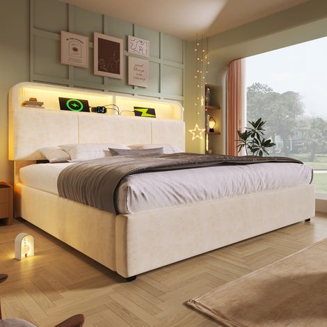 Lit coffre 180x200 cm en velours beige, tête de lit réglable, LED, USB/Type-C (1/5)