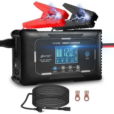 Battery charger for cars 12 V/24 V and 15 A, fast intelligent charger for cars and motorcycles, portable charger and charger for lithium batteries, LiFePO4 and lead acid (AGM, EFB, Gel, MF, VRLA, etc. (1/4)
