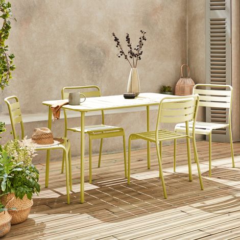 Table de jardin métal + 4 assises jaune en acier. Amelia. 120 x 70 x 72.5 cm (1/5)