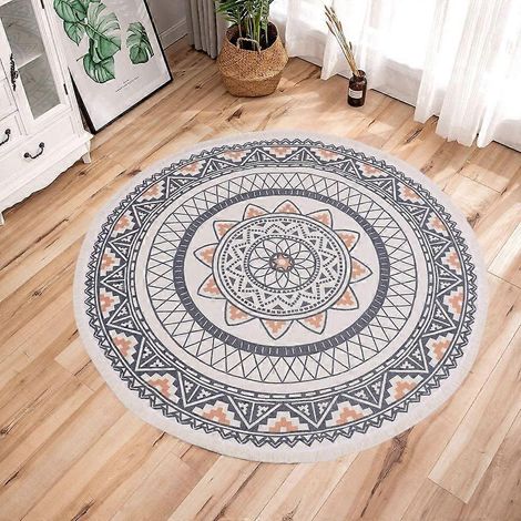 Runder Baumwollteppich, 120 cm, handgewebt und maschinenwaschbar, mit Quasten, ideal für Küche, Wohnzimmer oder Badezimmer. (1/5)