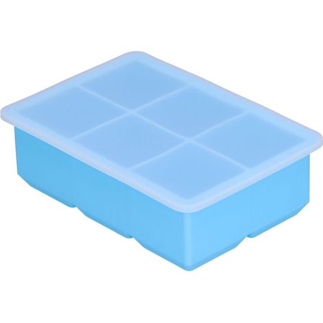 Large light blue silicone ice cube tray with 6 square compartments and a lid, ideal for making ice cubes, cakes, and chocolate puddings. - AquaForge (1/5)