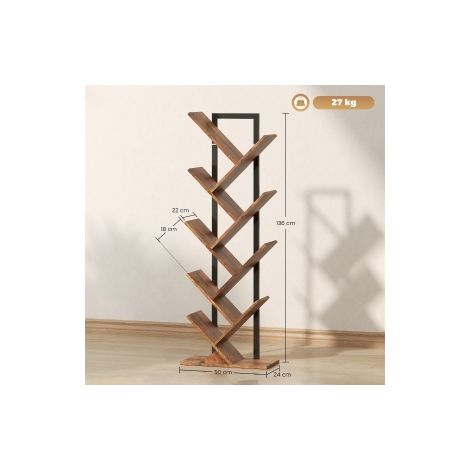 Étagère bibliothèque marron rustique en forme d arbre à 9 niveaux, étroite avec rangement vertical pour bureau, salon et chambre (1/5)