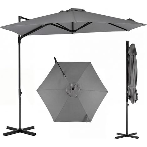 Parasol Déporté Hexagonale à Pied, avec Pivotant à 360°, Toile Inclinable à Double Couche, Parasol de Jardin Extérieur, 240 CM, Gris (1/5)