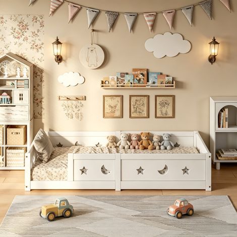 JOOKGBD-Letto Montessori 90x200 cm, Letto a Pavimento in Legno Massiccio con Barriera di Sicurezza e Rete a Doghe, Letto Singolo per Bambini e Ragazzi, Bianco