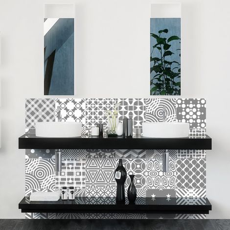 Adhésifs Carrelages Autocollant Nuance de Gris Raffinés Carreaux de Ciment Carrelage Sticker Mural Salle de Bain et Cuisine  24 Pièces de 10 x 10 cm (1/4)