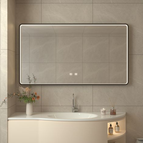 Miroir Salle de Bain 100 x 60cm,Miroir Mural LED 3 Couleurs Lumière, Dimmable, Interrupteur Tactile, Verre Trempé HD, Horizontal/Vertical (1/5)
