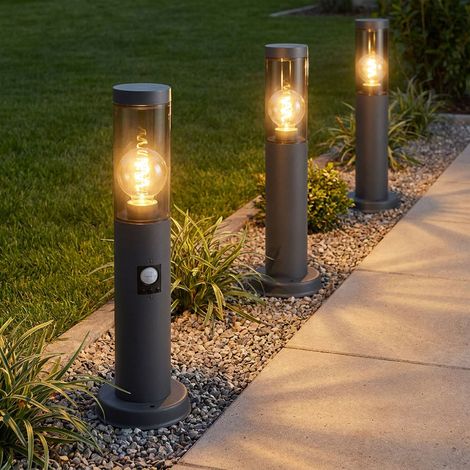 Außenstehlampe mit Bewegungsmelder Pollerleuchte Außen Sockelleuchte Gartenlampen anthrazit IP44, Edelstahl rauchfarben, 1x E27 Fassung, DxH 7,6x45cm, 3er Set (1/5)