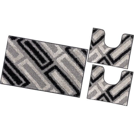 Tappeto Bagno Moderno Parure Set 3 Pezzi Soffice Shaggy Assorbente Antiscivolo Lavabile - Nero