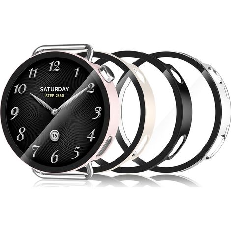 4 Pack Coque avec Protection D'écran Compatible pour Xiaomi Watch S4 41mm, Coque Rigide en PC HD avec Verre Trempé, Résistant aux rayures, Transparent, Noir, Rose, Blanc Ivoire (1/5)