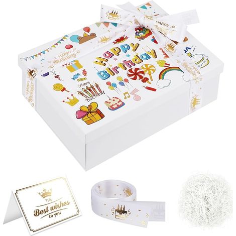 Boite Cadeau Vide Rectangulaire, Happy Birthday Boîtes Cadeaux avec Couvercles, Boite Cadeau Anniversaire 25 x 18 x 8,5 cm Boite Coffret Cadeau Vide avec Ruban, Carte de Vœux, Papier Déchiqueté (1/5)