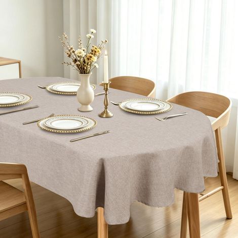 Nappe Ovale 135x180cm Aspect Lin Beige Lavable Résistante aux intempéries pour Intérieur & Extérieur
