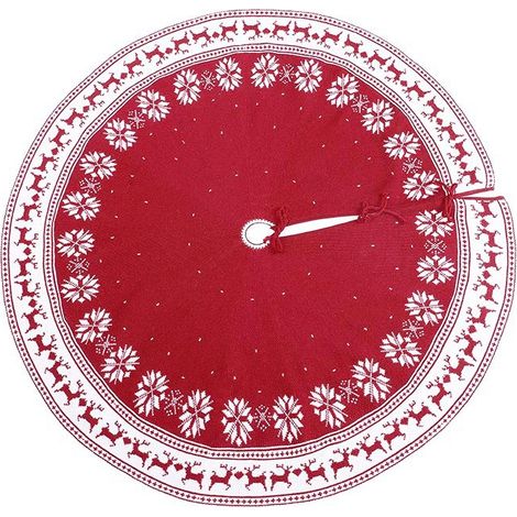 Großer Weihnachtsbaumrock, 90 cm, rustikale Weihnachtsbaummatte mit Schneeflocken und Rentier in Rot, gestrickter Baumrock für die Heimdekoration im Innen- und Außenbereich