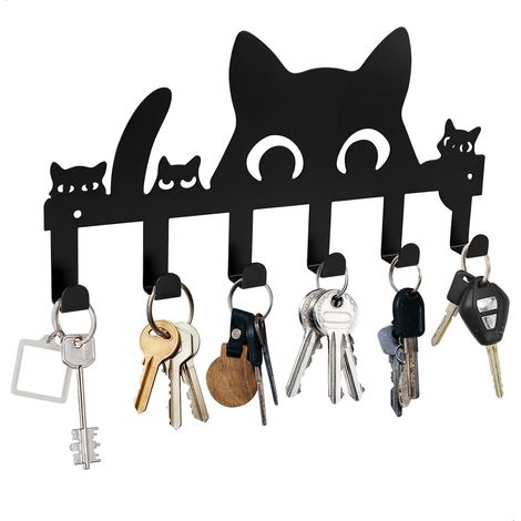 Porte-clés chat avec 6 crochets, crochets à clés auto-adhésifs, porte-clés mural en forme d'animal, décoration murale en fer, adapté à la décoration de couloir, de maison (noir, 27 x 13 cm) (1/5)