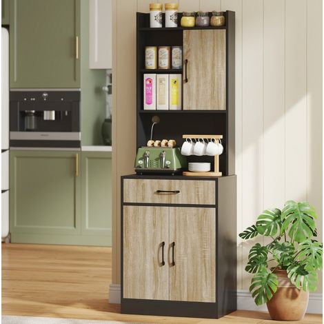 Mobile da cucina con piano di lavoro, foro cavo, 3 ripiani, nero e legno naturale DESVIAE (1/5)