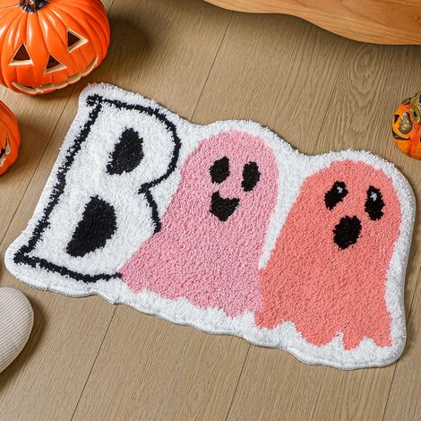 Tapis de bain Halloween fantôme rose dégradé « Boo » mignon, paillasson décor moelleux doux absorbant l’eau, tapis de sol gothique antidérapant lavable pour salle de bain, chambre, cuisine et décorati (1/5)