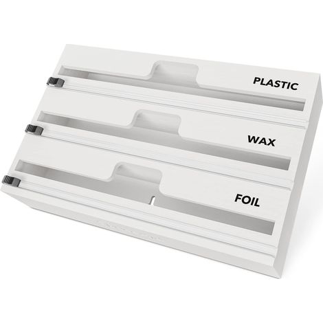 Organiseur 3 en 1 avec cutter et étiquettes, film plastique, feuille d'aluminium et cire de bambou pour rangement de cuisine, support pour rouleau de 30,5 cm (blanc) (1/5)
