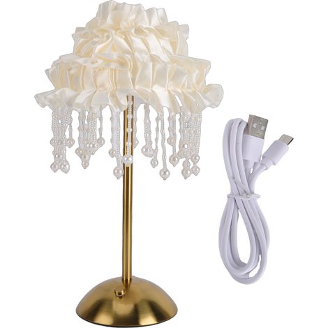 Lampe de chevet nordique rechargeable USB, mignonne et romantique, décorée d'un ruban, idéale pour une table de nuit ou un bureau pour filles et femmes. (1/5)