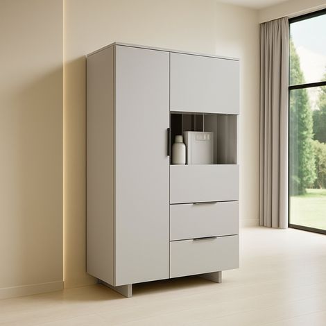 Aparador Rimella, aparador de salón con dos puertas batientes y dos cajones, elevado del suelo, 90x42 h170 cm, beige (1/5)