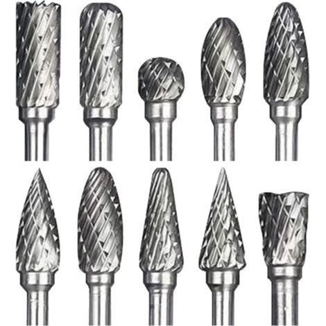 10pcs Double Sided Tungsten Carbide Rotary Tool Burr Set, 1/8" Shank for DIY Projects, Wood Carving, Metal Polishing, Engraving and Drilling (1/4)