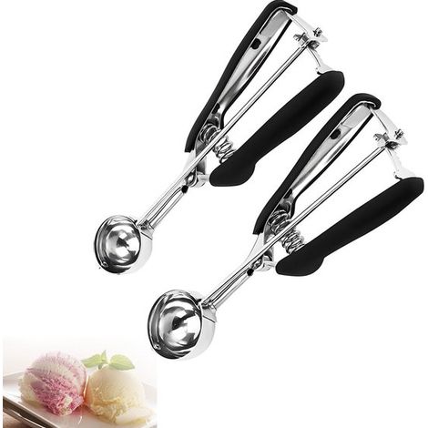 Paletta per gelato in acciaio inox, 3 cm/4 cm, con grilletto/impugnatura antiscivolo confortevole, resistente, per servire gelato, per la preparazione di dolci e per palline di melone (nera) (1/5)