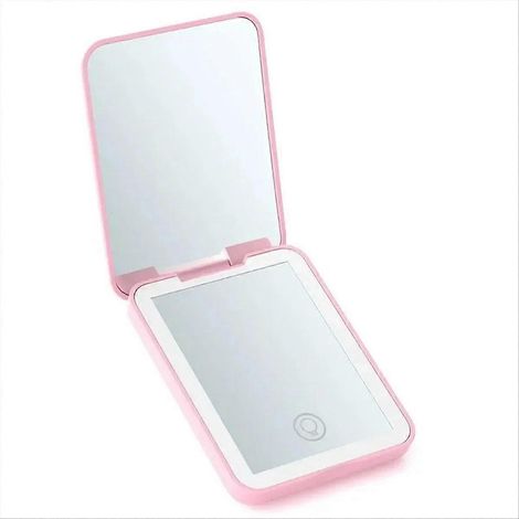 Miroir de maquillage pliable et compact avec éclairage intégré, format de poche, grossissement x2, rose. (1/5)