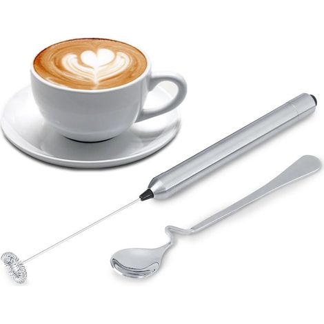 Mousseur à lait électrique, mousseur à lait électrique tenu dans la main tenu dans la main d'acier inoxydable avec le mousseur de lait de café de cuillère (1/5)