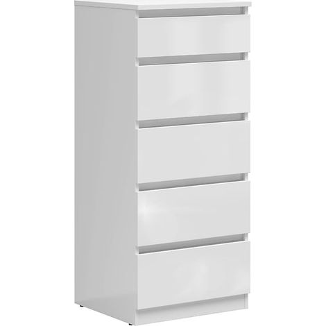 Commode Chiffonnier de rangement à 5 tiroirs coloris Blanc brillant - Longueur 50 x Profondeur 45 x Hauteur 115 cm (1/3)