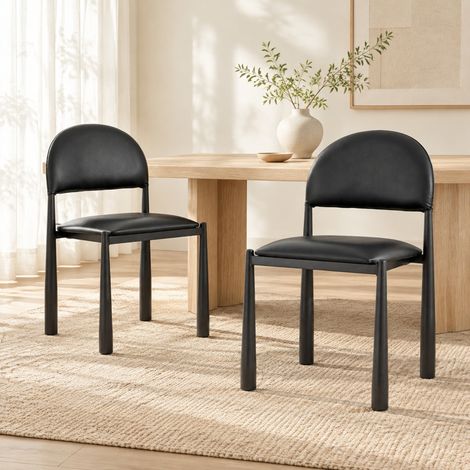 Lot de 2 chaises CHICFURN de salle à manger en cuir régénéré noir, dossier demi-rond rembourré, pieds métal chromé, style moderne, assise 45 x 48 cm (1/5)