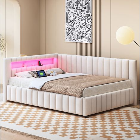 lit adulte couchage LED USB 140x200 tete velours beige OKMYHOME (1/5)