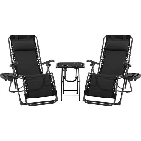 Homevive 2 Tumbonas Reclinables Plegables con Mesa Auxiliar Juego de 3 Sillones de Gravedad Cero y Mesa Auxiliar con Portavasos Reposacabezas Negro