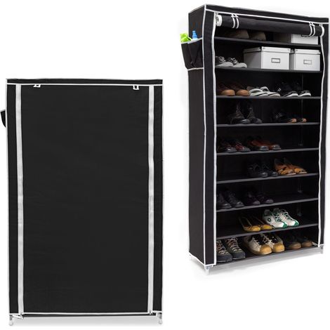 2x Scarpiera Salvaspazio, 9 Ripiani, 45 Scarpe, Rivestimento in Tessuto, Portascarpe, HxLxP: 161 x 88 x 30 cm, Nero