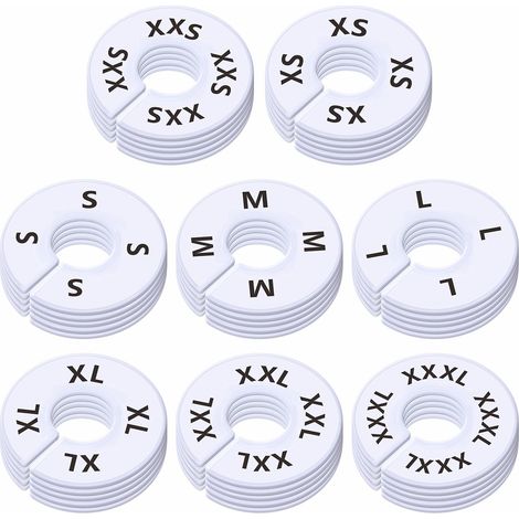 Filiyano-Lot de 40 séparateurs de vêtements ronds en plastique blanc, pré-imprimés en 8 tailles XXS, XS, S, M, L, XL, XXL, XXXL (3,5" OD, 1,38" ID) (1/5)