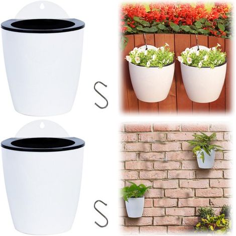 Pots de fleurs suspendus lot de 2 - pots ronds à réserve d'eau 13 x 14 cm avec cordon, blanc (1/5)