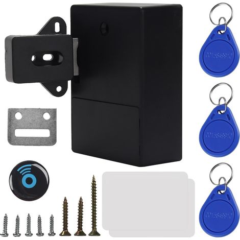 Serrure intelligente NFC pour armoire : Noir,serrure de meuble avec 3 porte clés et 2 cartes RFID, serrure intelligente cachée, verrous sans trous pour tiroirs, armoire, casiers (1/5)