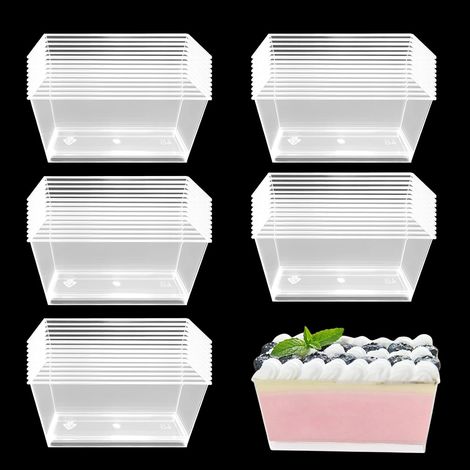 Gobelets en Plastique Rectangulaires pour Dessert - 50 Pièces, 140 ml, Boîte Cadeau Réutilisable pour Pudding et Mousse (1/5)