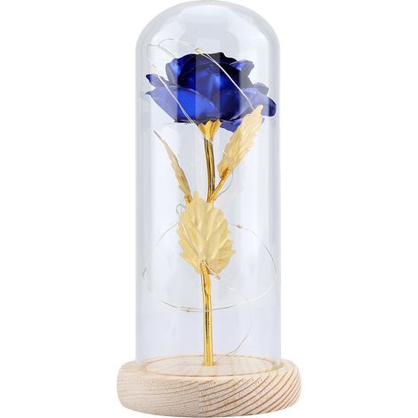 Rose Éternelle Lumière LED avec Couvercle en Verre - Base en Bois Bleu pour Mariage et Saint-Valentin