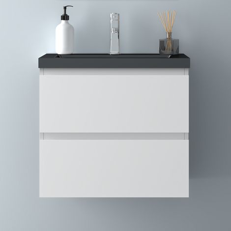 60 cm Badmöbel Set Unterschrank 2 Schubladen Weiß Matt soft close Badezimmer Badezimmermöbel Selbstmontierter Unterschrank mit Schwarz Mineralguss waschtisch