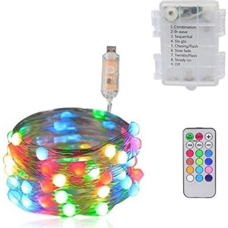 USB LED String Lights, 5M 50LED 12 Colors with Remote Control with Battery Box, 12 Lighting Modes Multicolor Light Chain Decoration for Christmas, Indoor, Festival, Patio, Curtain