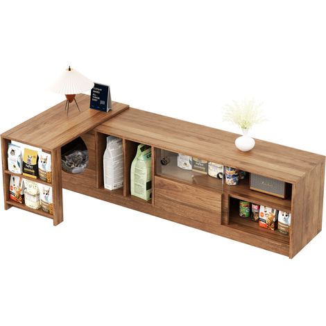 Meuble TV moderne pivotant et extensible, multifonction, espace repos pour chat, portes en verre renforcé acier (sans coussin), finition noyer, 180 (+80) x 40 x 50 cm