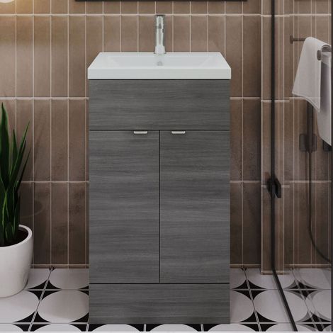 Hudson Reed Fusion Floor Standing Vanity Unit with Ceramic Basin 500mm Wide - Anthracite Woodgrain (1/5)