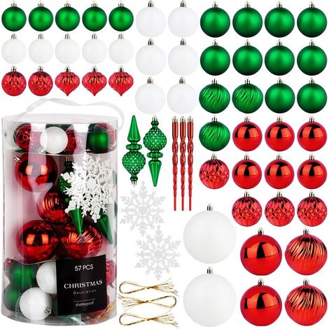 Palline di Natale infrangibili rosse, verdi e bianche, 57 pezzi.