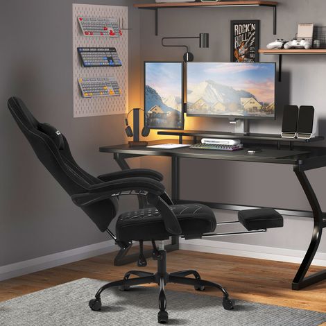 WOLTU Gaming Stuhl Ergonomisch, Schreibtischstuhl mit Massagefunktion, Computerstuhl mit Taschenfederkissen, Drehstuhl mit Kopfkissen, Lendenkissen, Fußstütze, 150kg Belastbarkeit, Tech-Stoff, Schwarz
