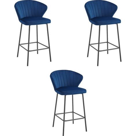 Tabouret de bar - leobert - gatta - velours bleu marinepieds noirs - lot de 3