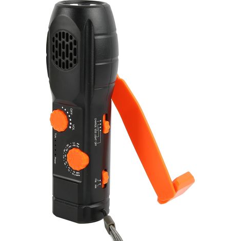 Radio d'urgence solaire à manivelle, station météo portable avec radio AM/FM, alarme SOS, batterie 1200 mAh et chargement USB, noire. (1/5)